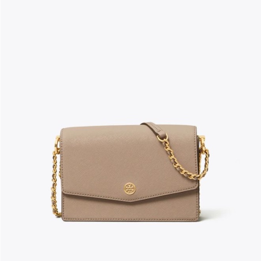 Tory Burch Emerson Taupe Crossbody  Bag with Gold Chain